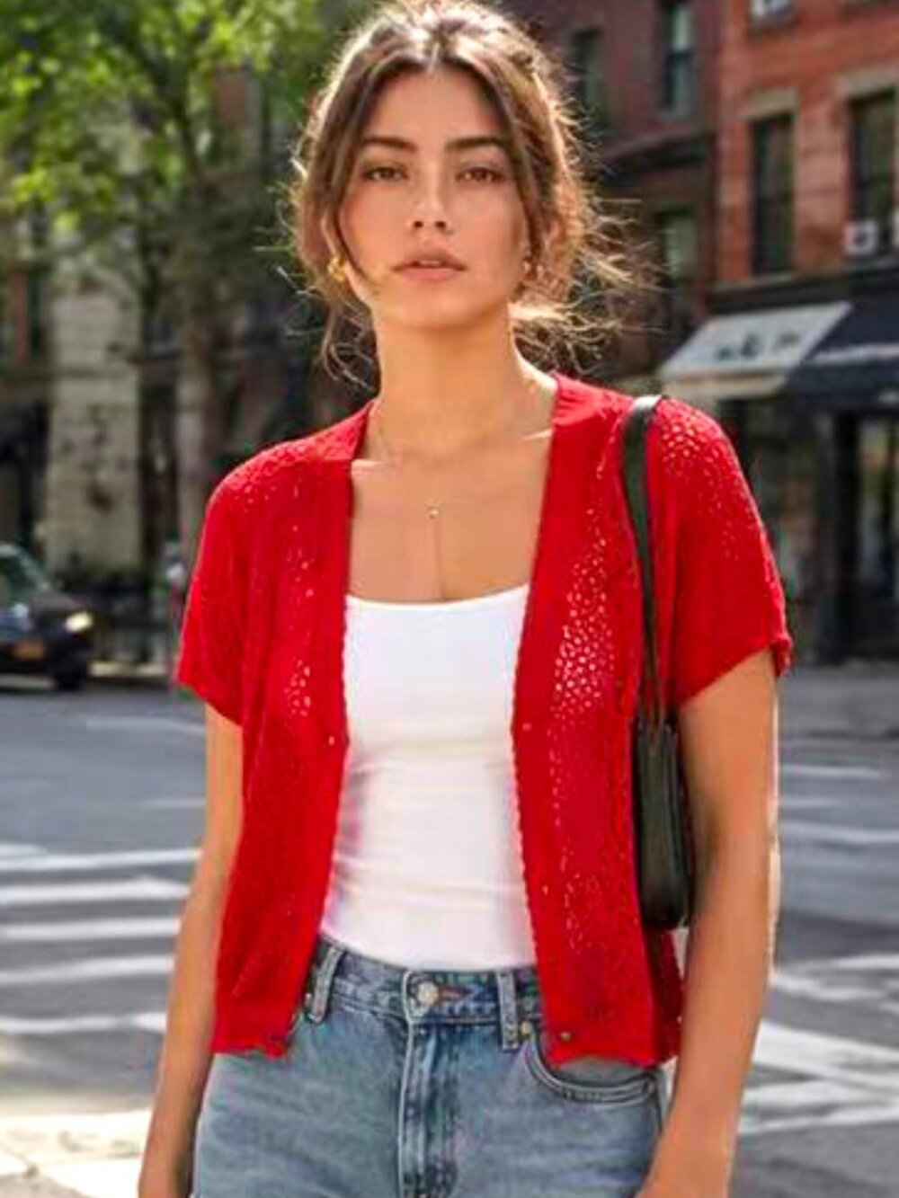 Women Open Front Knit Short Sleeve Bolero Crop Shrug - One Size, Red